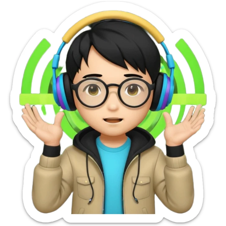 Chibi Japanese boy with black hair and round glasses, big headphones, vibing hard to electronic music, strong beat pulse lines around him, neon glow, exaggerated cartoon style, streaming emote. sticker