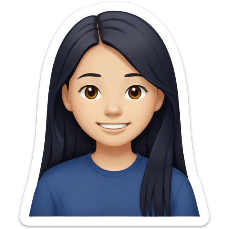 a young teenage girl with light tan skin, she is smiling with mouth closed, very long black (really) straight hair, brown eyes, navy colored oversized short-sleeved shirt.  sticker