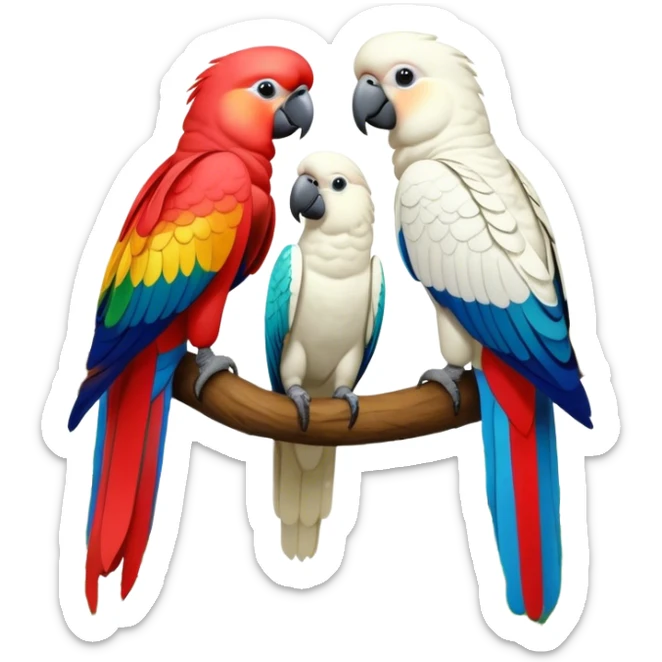 Close-up collage of vibrant Ara parrots and Inca cockatoos sitting on tree branches, surrounded by lush greenery. Bright colors of the birds stand out against a natural, sunny background of trees and flowers. Transparent background. sticker