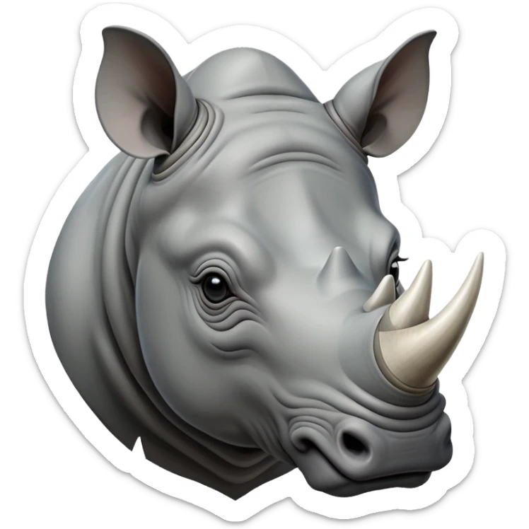 cinematic-noble--rhinoceros-portrait-emoji,slate-grey-hide--poised-and-regal,-with-a-massive,-powerful-build-and-a-thick, -deep-set-soulful-piercing-eyes,-simplified-yet-sharp-and-sophisticated-features,-highly-detailed,-large-black-eyes, zoomed out showing shoulders, large white horn  sticker