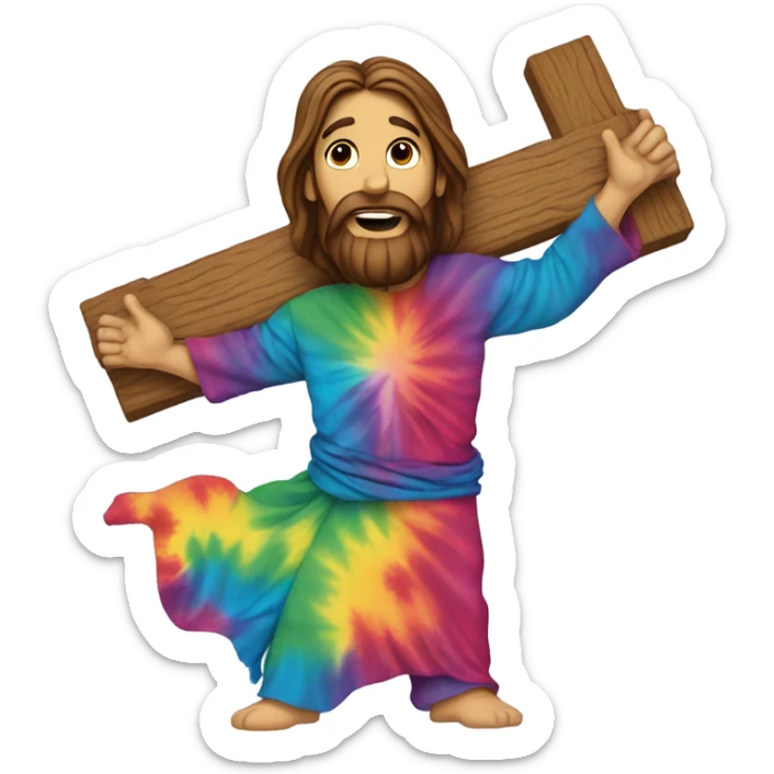 Jesus carrying a giant wooden cross that is rainbow colors like rainbow colors tiedye patterned on the entire cross  sticker