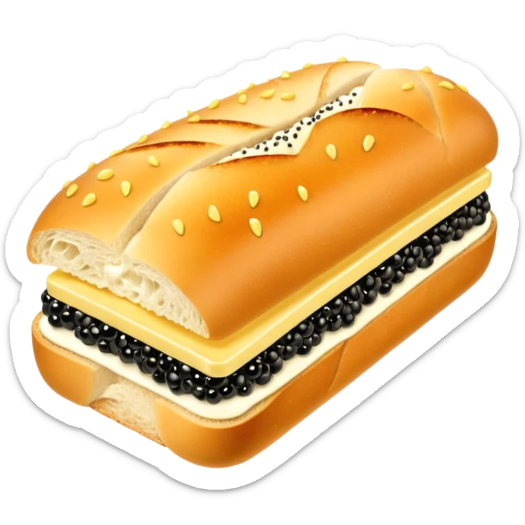 Apple style 3D emoji of a luxurious black caviar sandwich. A thick slice of fresh white baguette with a generous layer of creamy yellow butter, topped with a mountain of glistening, shiny black sturgeon caviar. premium aesthetic. sticker