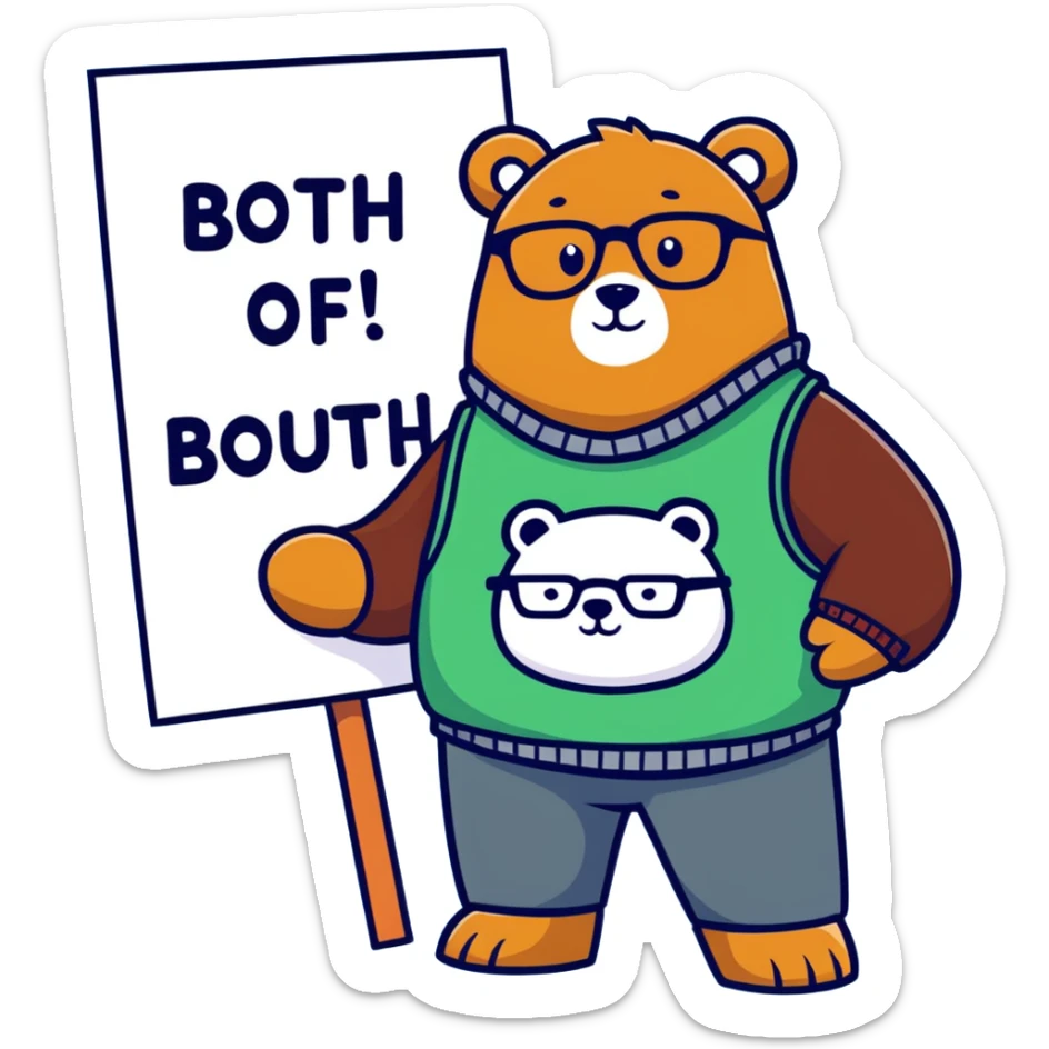 A bear wearing a sweater, vest and glasses, holding up a sign that says both of them sticker
