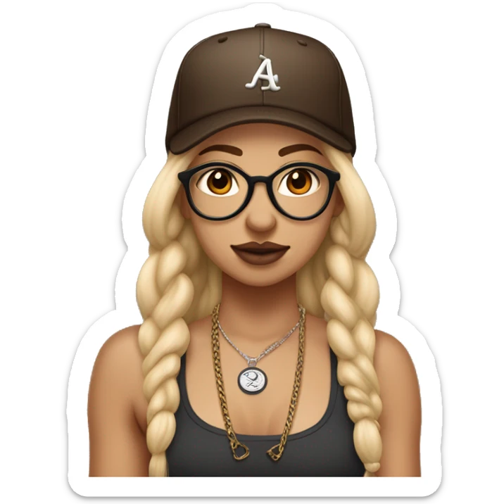 Girl with blonde hair with dark brown at the ends. She also has double nostril piercings, a septum ring, and a Medusa piercing, hazel eyes and big framed glasses. Hair is in braids with  a backwards baseball hat sticker