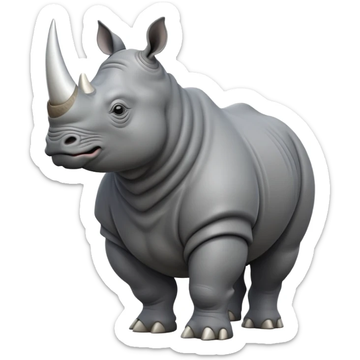 cinematic-rhino-full-body-standing-emoji,white horn, slate grey skin -massive-body-poised-powerfully,-thick-horn-curving-slightly-forward,-head-tilted-dramatically,-rough-grey-hide-covered-in-dust,-simplified-focused-features, sticker