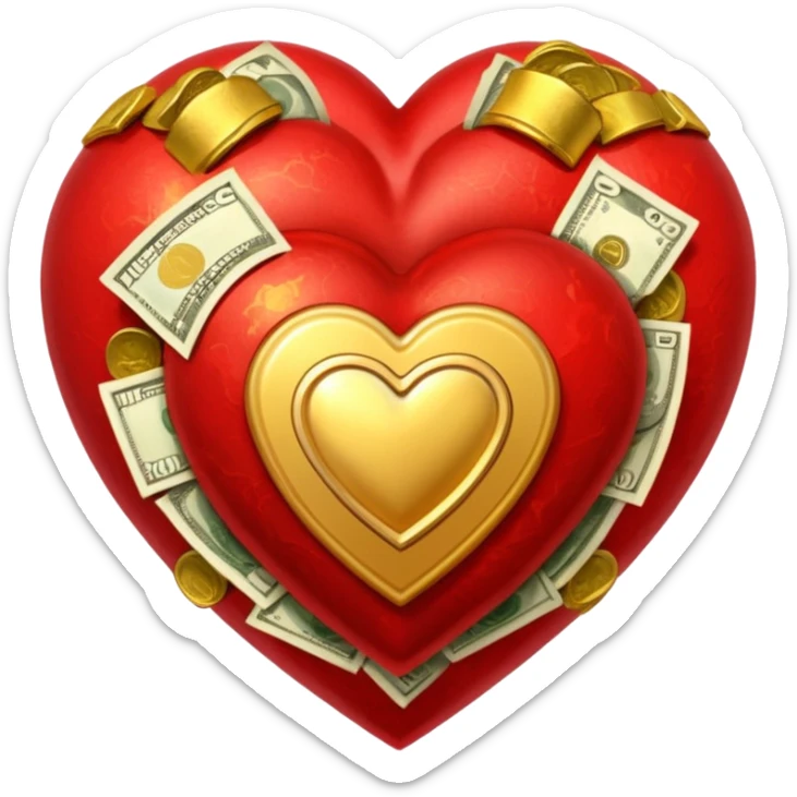 "Realistic HD red heart fused with cash and gold elements, heart seamlessly blended with money textures and molten gold details, dramatic warm glow, luxurious but clean, white background." sticker