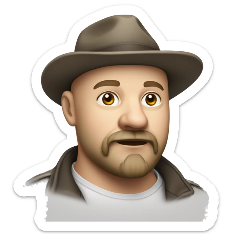 Photorealism A plump bald man of Slavic appearance with a goatee beard and mustache, wearing a fedora hat, big details sticker