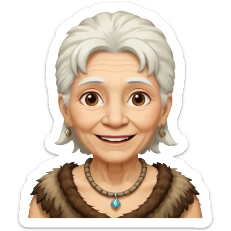 smiling old woman Neanderthal with white hair, fur dress, and necklace sticker