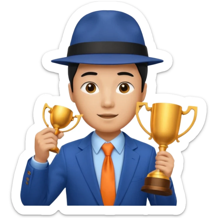 An asian man wearing student hat, blue suit and orange tie, holding a trophey sticker