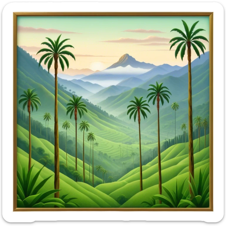 Cinematic Realistic Cocora Valley Landmark Emoji, featuring towering wax palm trees swaying in the misty green valley, with rolling hills and distant mountain peaks bathed in warm morning light. sticker