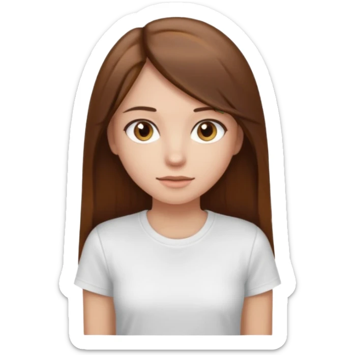 Chica de pelo liso ,largo y marrón con ojos color marrón claro y una camiseta blanca y la piel blanca sticker