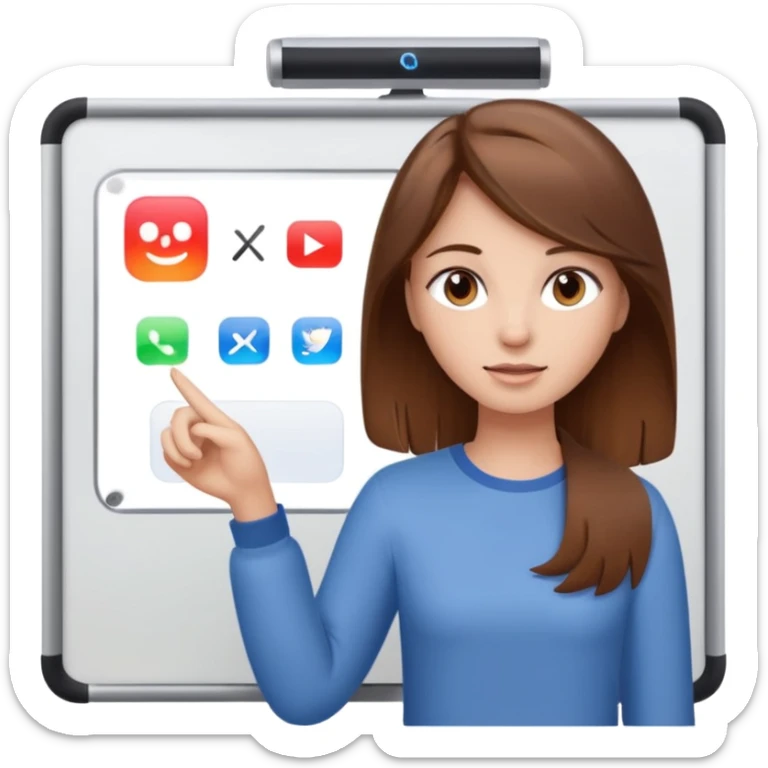 Make an emoji of a girl (no glasses) with brown hair who is teaching how to use iMessage on a board sticker
