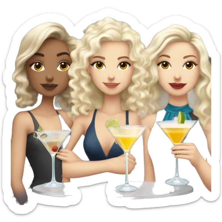 White brunette girl, white blonde curly haired girl, and white blonde straight haired girl all drinking martinis sticker