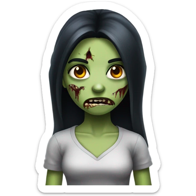 girl zombie with black long hair with teeth and serious face  sticker