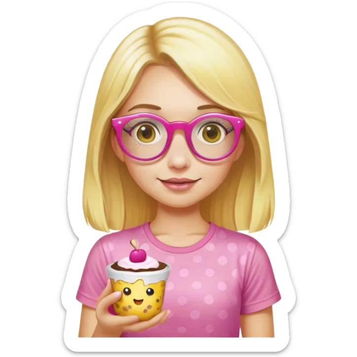 a girl with long lashes, long blonde hair, wearing "yellow dot t-shirt" and pink glasses, holding a pudding sticker