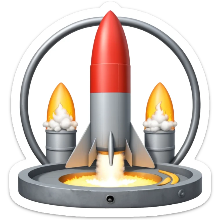 grey missile silo hatch open, and the top two thirds of a white nuclear missile launching out of the silo is shown sticker