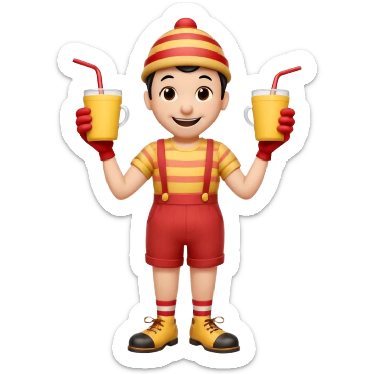 1930s rubber hose cartoon-style cup character with a big smile, black eyes, red nose, and striped straw on head. Wearing red shorts, yellow gloves, brown shoes, black shirt. Arms on hips, cheerful pose. Vintage Disney/Fleischer style, clean lines, limited colors, slight paper texture. 
 sticker