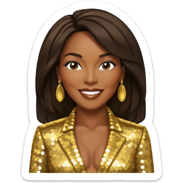 Angela Bassett with long dark brown hair, gold sequin outfit sticker