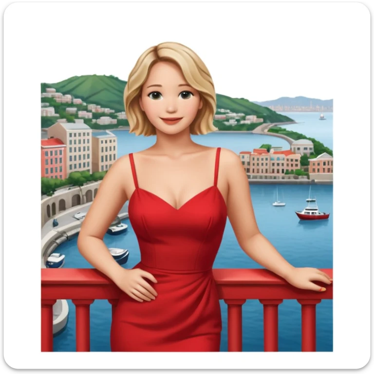 jennifer lawrence, red dress leaning on a balcony with a harbor and cityscape in the background, smiling, closeup sticker