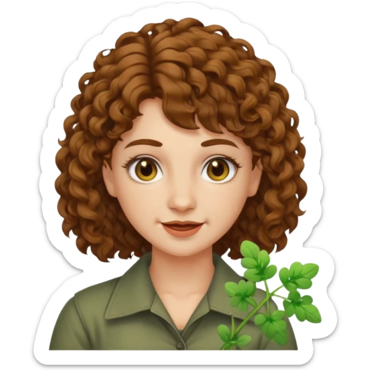 bust woman short curly brown mullet hair brown eyes white skin chewing clover stem, sarcastic grin sticker