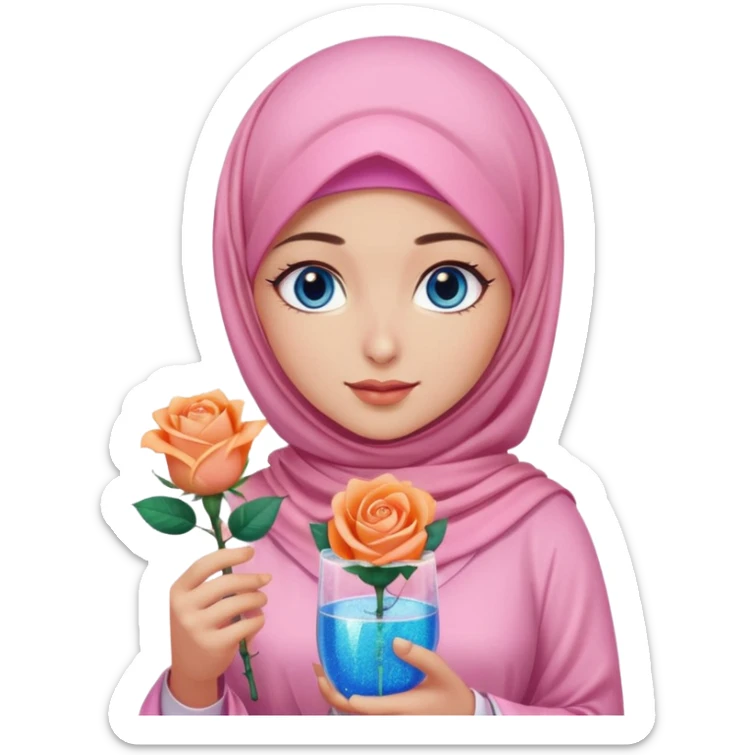Turkish beautiful finish Konya girl blue eyes with  pink hijab islamic dress and had on her hand Glittery rose mocktail with orange light pink roses sticker