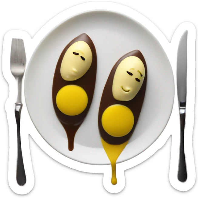 1 Chocolate quenelle and 1 vanilla quenelle on a fine dining glass plate with 3 small drops of yellow sauce as decoration sticker