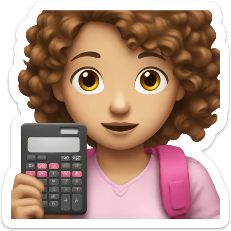 Girl with brown hair holding one pink calculator in her hands sticker