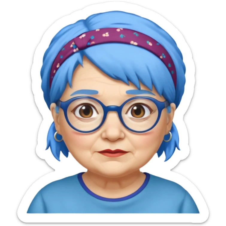 fat old woman with blue hair and glassess and headband sticker