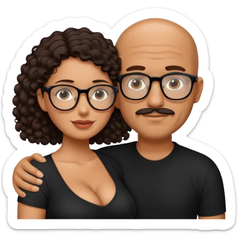 A picture of an embracing tanned couple. the man is a Mexican man with tanned skin, with a bald hair cut, short beard and wearing a black shirt. the woman is short with long curly dark brown hair and with big boobs. Put glasses on the woman only. No glasses on the man sticker