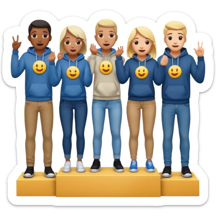 multi-racial people in jeans and hoodies on a winners’ podium, no numbers, very excited, fun, expressive emoji style sticker