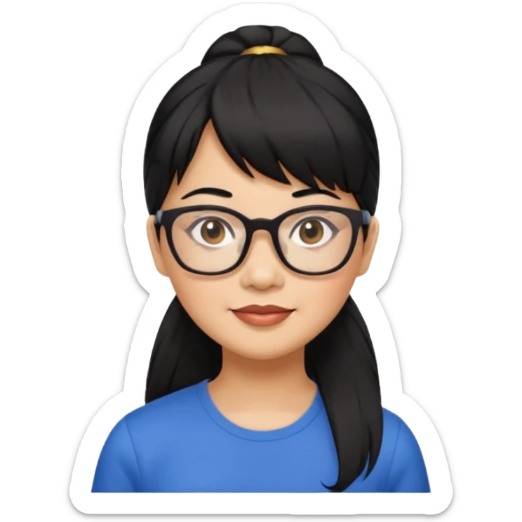 filipino woman black hair in one pony tail with straight bangs and big glasses, 50 yr old sticker