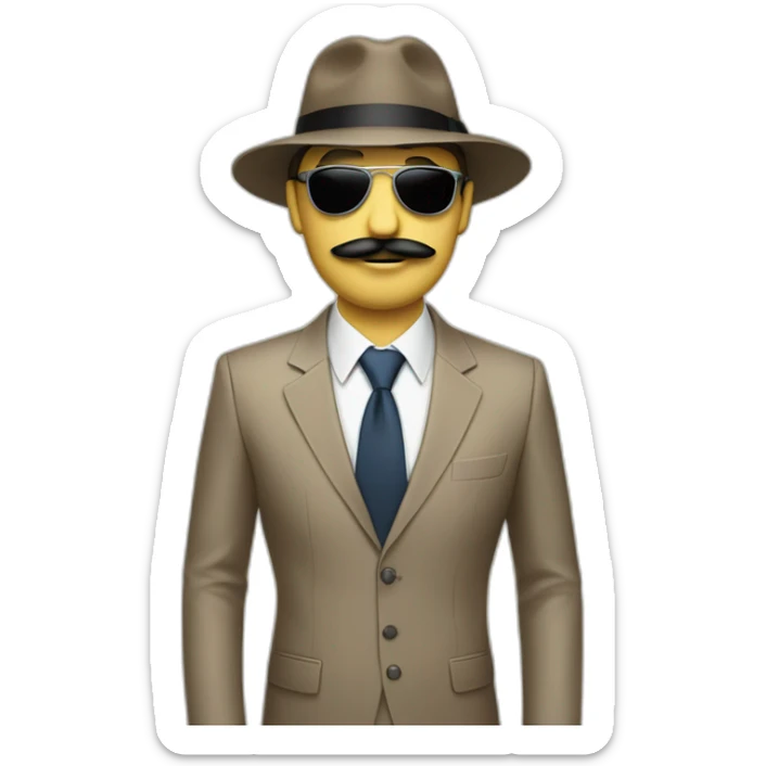 A beige man with a suit, a tie, a fedora hat, headphones, sunglasses and a mustache sticker