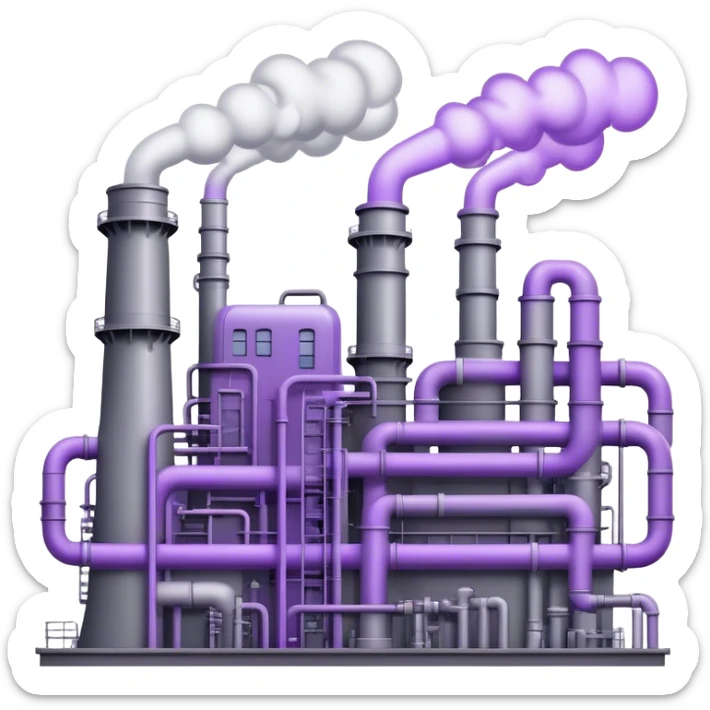 An emoji of an industrial factory in realistic gray tones, with pipes and smokestacks. Instead of smoke, soft neon violet energy or light particles flow out, symbolizing AI power and efficiency sticker