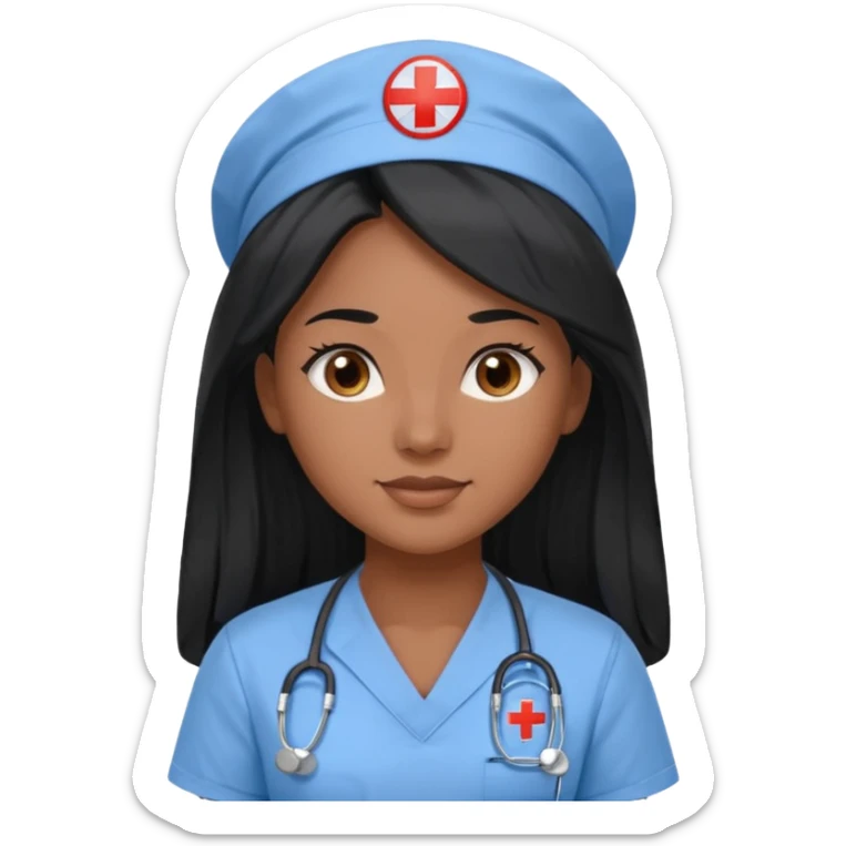 pretty brown skin nurse with long black hair and brown eyes in light blue scrubs sticker