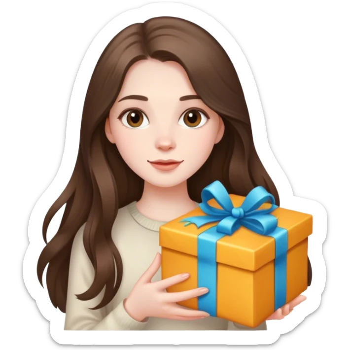 beautiful pale brunette girl with long hair with birthday presents sticker