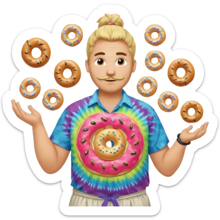 Large man w Blond manbun juggling knives and plain bagels (no sprinkles) with tie die shirt sticker