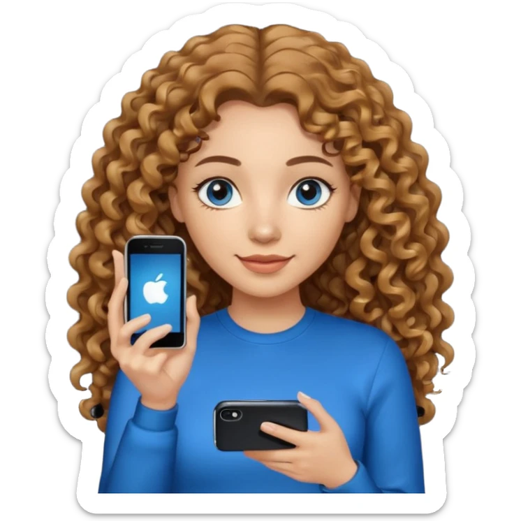generate a pretty woman with blue eyes, light skin and medium brown long curly shiny hair holding an iphone she is looking at the phone and holding it in her hand. she is wearing an ALL black long sleeve sticker