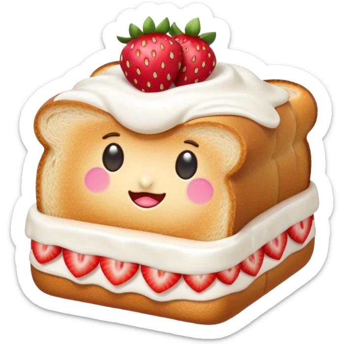 emoji illustration of a square toast topped with fluffy white cream, decorated with a strawberry bow made from two strawberry halves and a small sliced center, bright red and glossy, Clean soft shading, kawaii emoji style, centered object, no plate, no background, high detail, pastel tone sticker
