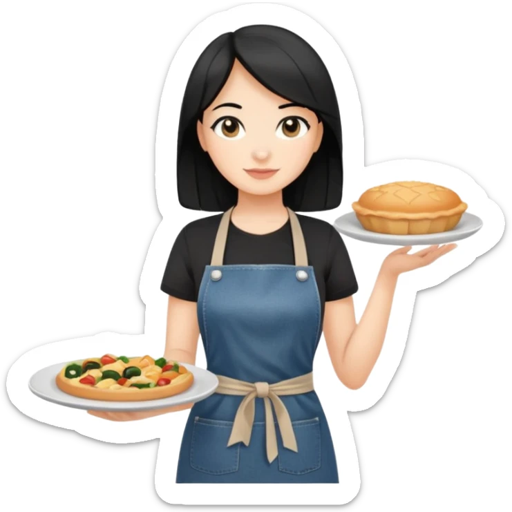 waitress with black hair and a food plate with a black tshirt and ª jeans apron. with a bigger plate and the plate with a cover  sticker
