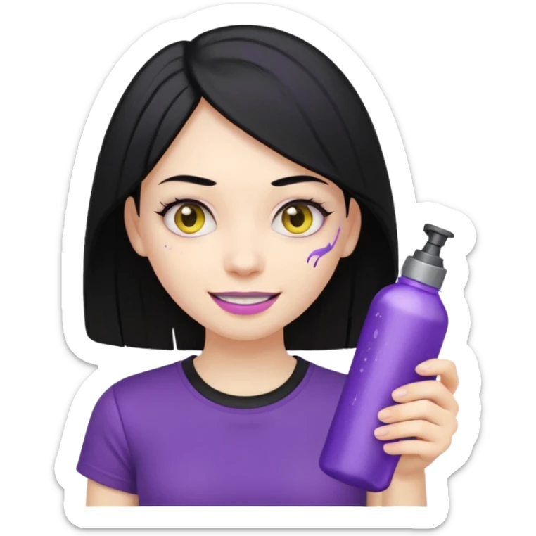 a girl with beautiful black hair, yellow teeth, black t-shirt, holding only a purple and silver spray bottle, nothing else in her hands, genmoji emoji style, reference the attached can sticker