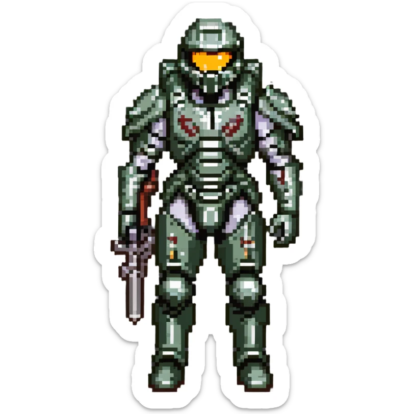 male Halo Spartan nomad with battle-worn armor and scavenged equipment sticker