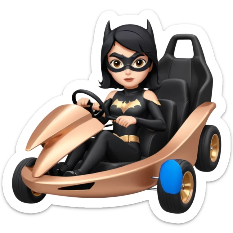 Hot full size real size-appearance electric road racing sexy BatGirl’s feminine midnight-colored tight outfit sixty’s tv show inspired dark stealthy sporty safe plush deluxe off-road pursuit cruiser car rose gold accents (black hair,reclined and relaxed torso and shoulders seating position) go kart  sticker