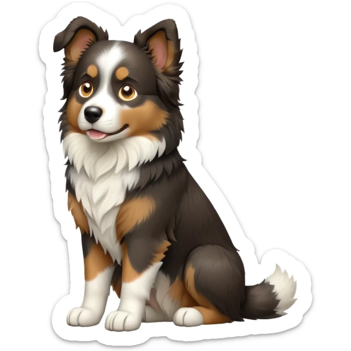 cinematic-[australian shepherd dog]-realistic-full-body-sitting-emoji,-tail-resting-loosely-beside-its-paws,-head-tilted-dramatically,-scruffy-[black white tan]-fur,-simplified-yet-realistic-focused-features,-highly-detailed,-glowing-with-an-almost-sarcastic-glow sticker