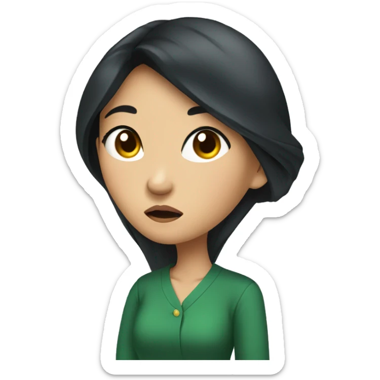 asian lady with long black hair, hoop earrings, a dark green shirt with a puzzled look on her face sticker