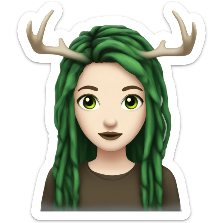 Girl with pale skin, green eyes, black dread-locks, eyeliner, deer antlers, grunge sticker