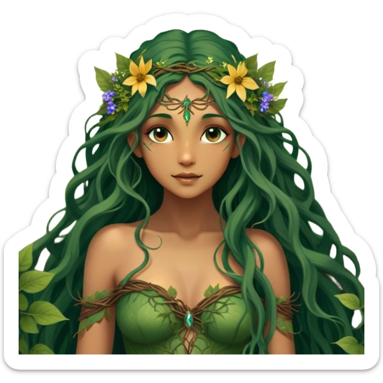 Cinematic Realistic Forest Nymph Fairy Portrait, depicted with lifelike, sun-kissed tanned skin that radiates an earthy glow, softly illuminated by natural, dappled light. Her long, flowing dark green hair is intricately detailed and interwoven with delicate vines and wildflowers, while her deep, soulful eyes mirror the wisdom of the forest. Dressed in an attire inspired by nature’s palette—with subtle botanical motifs—the portrait exudes a soft, enchanted glow that melds realism with woodland magic showing her large butterfly wings. sticker