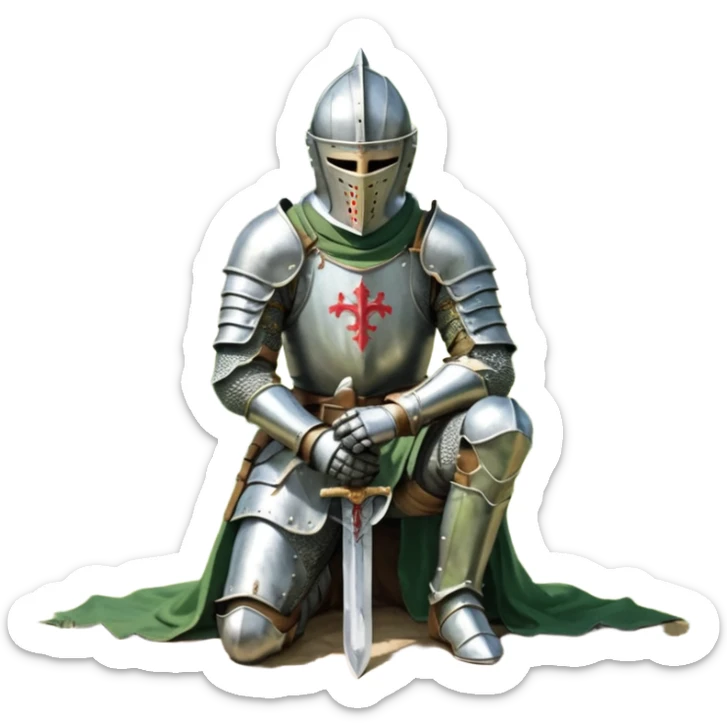 A lone medieval knight in a green worn armor kneels. His helmet is closed, hiding his face, conveying silence, exhaustion and contemplation. A long sword is planted in the ground beside him, its hilt resting near his gloved hands as if he is praying or resting after battle. sticker