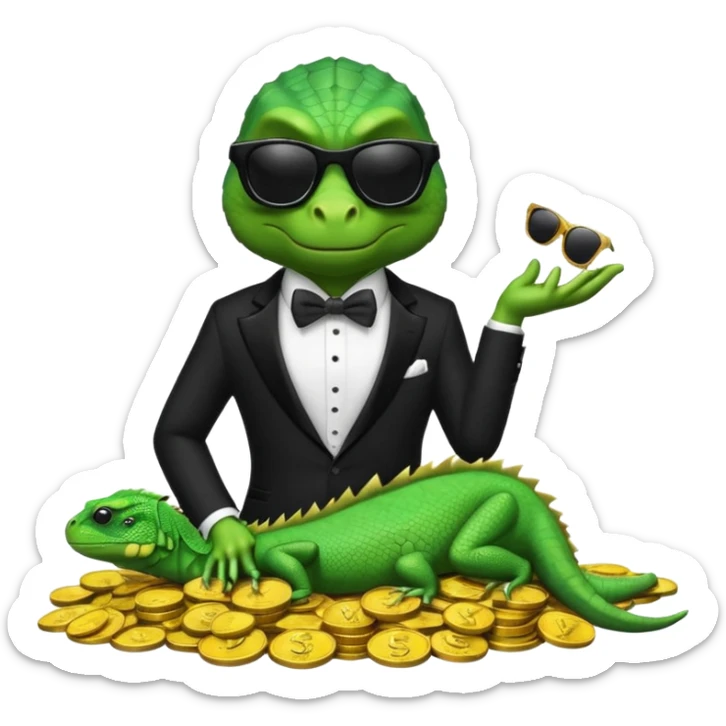 capitalist iguana banker in tuxedo and black sunglasses lying comfortly on coins sticker