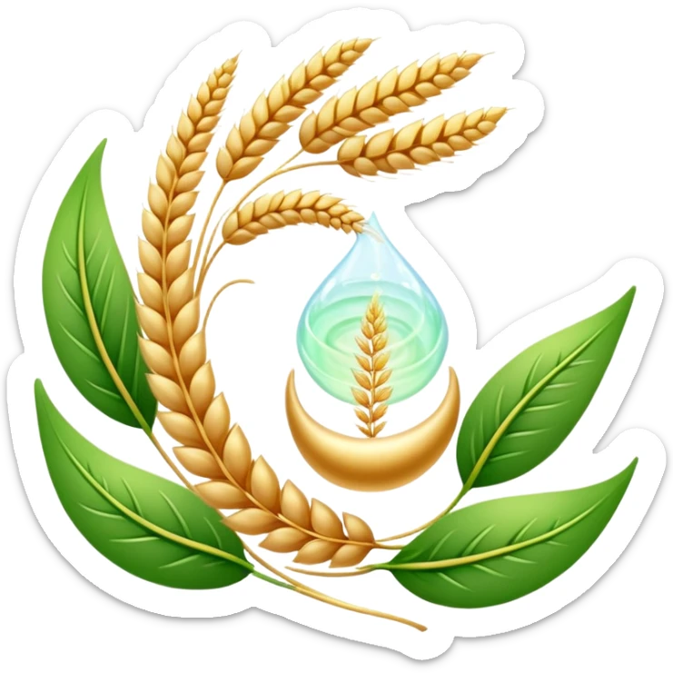 Golden wheat ear floating next to green leaves, surrounding an ethereal digestive system in a spiral form. Small cleansing sparkles flow like a river of light, clearing paths and creating internal lightness. The scene shows fiber's cleansing effect on the digestive tract. sticker