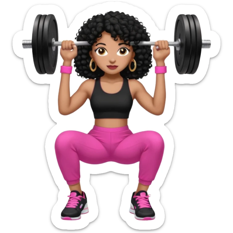 Black woman, adult, 4C black curly hair, dark brown eyes, wearing black top, pink pants, black sneakers, gold hoop earrings,  na academia levantando peso sticker